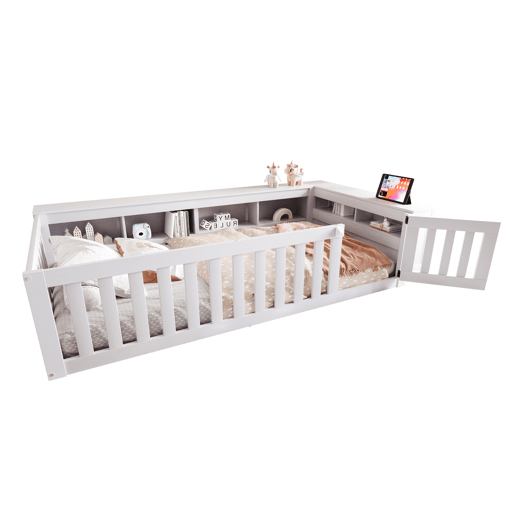Cama infantil multifuncional 90x200 cm - Com compartimentos de arrumação, grade de segurança e porta, cama de madeira maciça com estrado - Branco