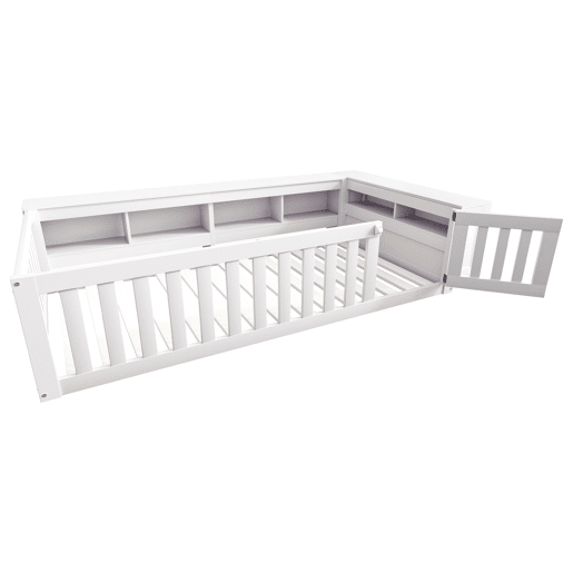 Cama infantil multifuncional 90x200 cm - Com compartimentos de arrumação, grade de segurança e porta, cama de madeira maciça com estrado - Branco