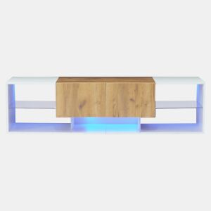 Móvel de TV de 3 níveis para TVs até 70 - Centro de entretenimento moderno com prateleiras de vidro e 2 gavetas - Madeira natural de carvalho + branco antigo