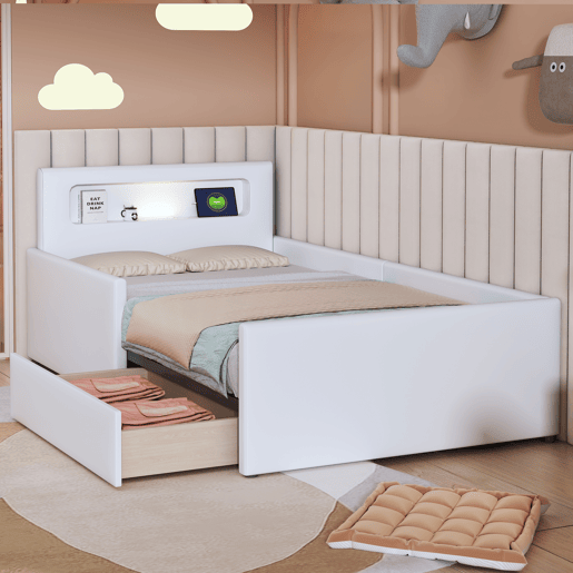 Cama infantil 90x200 cm - Com luz noturna e porta USB, Com compartimentos de arrumação, Laterais elevadas para segurança, Cama individual fácil, Para meninos e meninas, Pele sintética - Branco