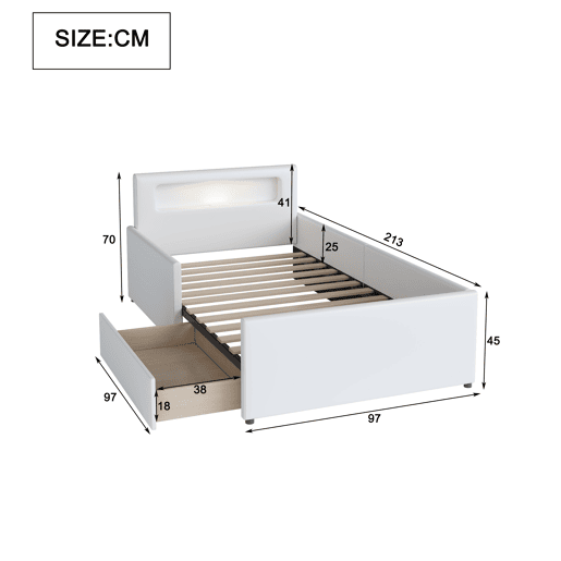 Cama infantil 90x200 cm - Com luz noturna e porta USB, Com compartimentos de arrumação, Laterais elevadas para segurança, Cama individual fácil, Para meninos e meninas, Pele sintética - Branco