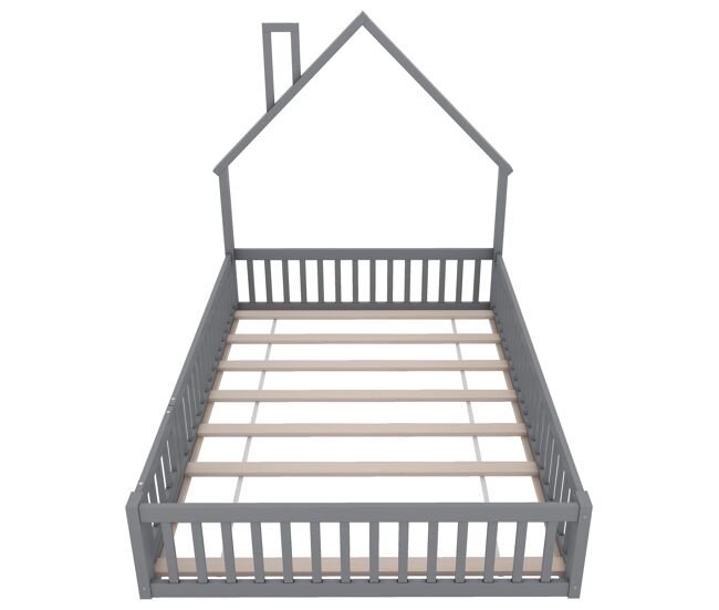 Cama infantil 140x190 cm - con forma de chimenea, con somier (sin colchón), estilo minimalista - gris