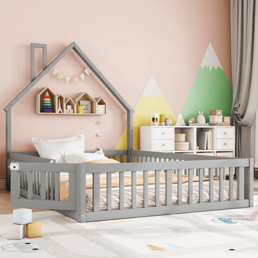 Cama infantil 140x190 cm - em forma de chaminé, com estrado (sem colchão), estilo minimalista - Cinza