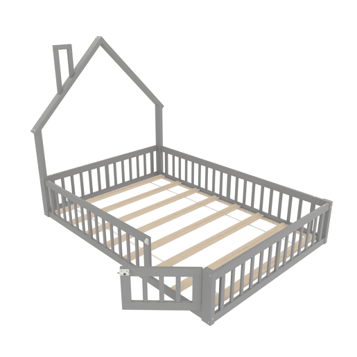 Cama infantil 140x190 cm - em forma de chaminé, com estrado (sem colchão), estilo minimalista - Cinza