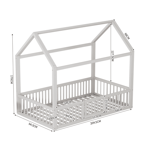 Cama de madeira maciça 90x200 cm - Cama de casal, cama plana, cama de casa, cama de casa com porta - Branca