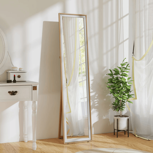 HOMCOM Espelho de Pé 157x37 cm com Moldura em MDF Espelho de Parede Retangular para Pendurar com Suporte 2 Formas de Utilização para Sala de Estar Entrada e Quarto Madeira e Prata