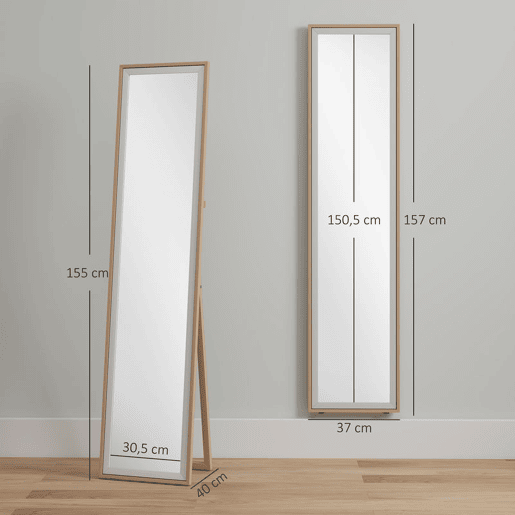 HOMCOM Espelho de Pé 157x37 cm com Moldura em MDF Espelho de Parede Retangular para Pendurar com Suporte 2 Formas de Utilização para Sala de Estar Entrada e Quarto Madeira e Prata