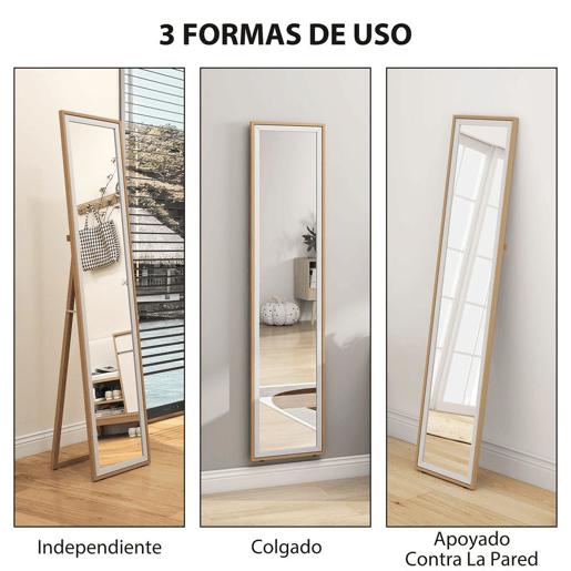HOMCOM Espelho de Pé 157x37 cm com Moldura em MDF Espelho de Parede Retangular para Pendurar com Suporte 2 Formas de Utilização para Sala de Estar Entrada e Quarto Madeira e Prata