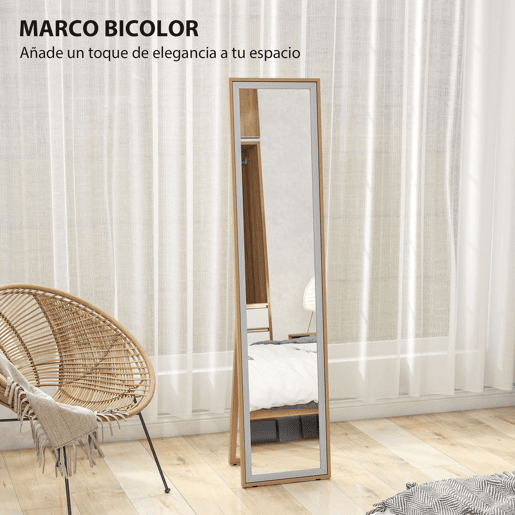 HOMCOM Espelho de Pé 157x37 cm com Moldura em MDF Espelho de Parede Retangular para Pendurar com Suporte 2 Formas de Utilização para Sala de Estar Entrada e Quarto Madeira e Prata