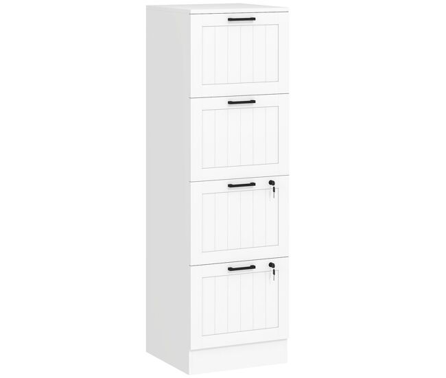 Homcom cajonera escritorio con 4 cajones, cajonera de oficina, mueble archivador, con 2 cerraduras, riel colgante para a4 y carta, 40x40x131 cm, blanco