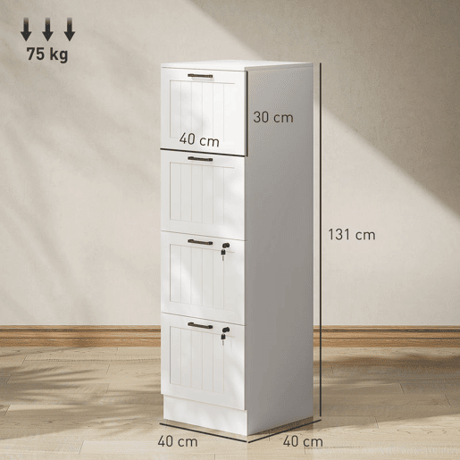 HOMCOM Arquivador para Escritório Móvel Arquivador com 4 Gavetas para Escritório com Fechaduras Gavetas Suspensas para A4 40x40x131 cm Branco