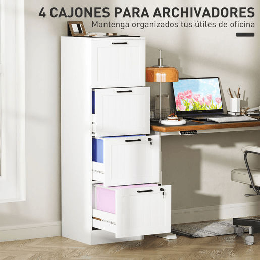 HOMCOM Arquivador para Escritório Móvel Arquivador com 4 Gavetas para Escritório com Fechaduras Gavetas Suspensas para A4 40x40x131 cm Branco