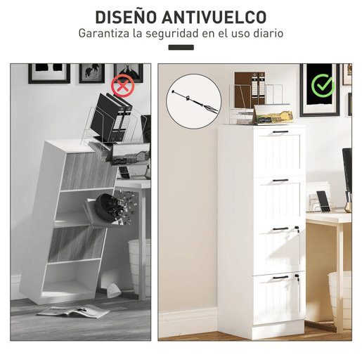 HOMCOM Arquivador para Escritório Móvel Arquivador com 4 Gavetas para Escritório com Fechaduras Gavetas Suspensas para A4 40x40x131 cm Branco
