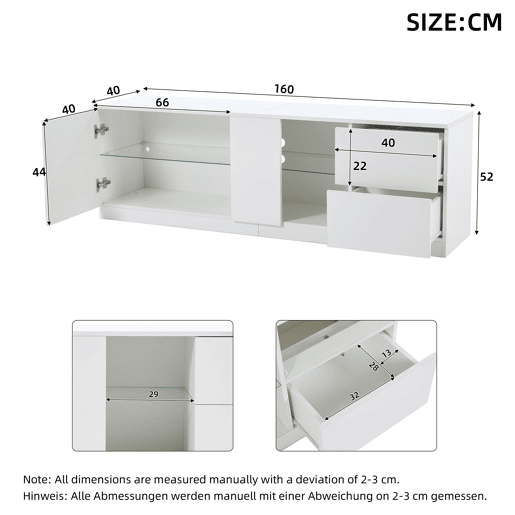 Móvel de TV 160x40x52 cm - Kommode Hochglanz com LED - Branco
