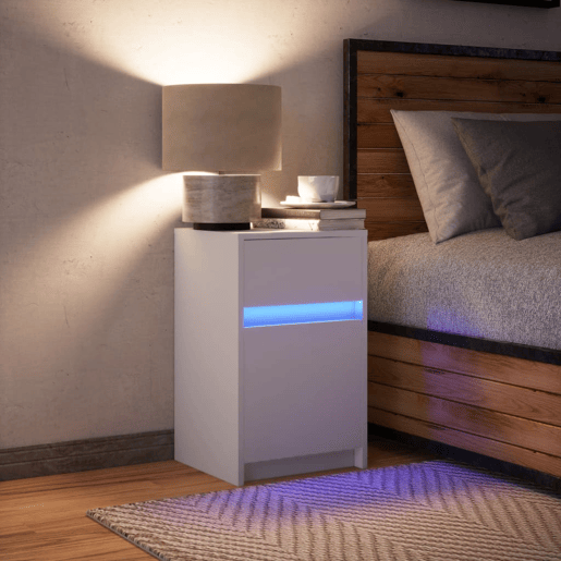 Mesa De Cabeceira - Mesinha De Cabeceira com luzes LED derivados de madeira branco