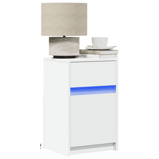 Mesa De Cabeceira - Mesinha De Cabeceira com luzes LED derivados de madeira branco