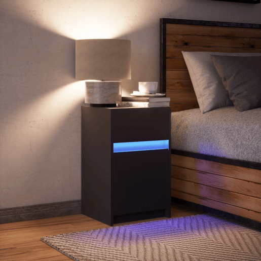 Mesa De Cabeceira - Mesinha De Cabeceira com luzes LED derivados de madeira preto