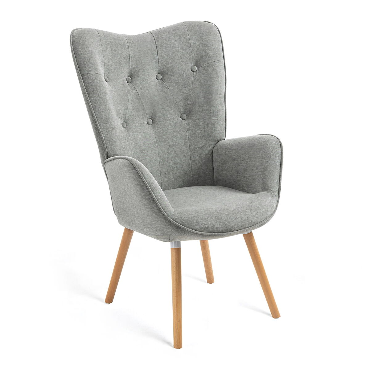 Sillón relax tapizado gris con patas de madera natural, diseño escandinavo con respaldo alto y asiento acolchado, ideal para salón, dormitorio o