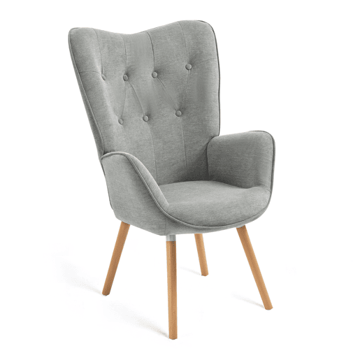 Poltrona Relax Estofada Cinza com Pés de Madeira Natural, Design Escandinavo com Encosto Alto e Assento Acolchoado, Perfeita para Sala de Estar, Quarto ou Cantinho de Leitura Sofisticado