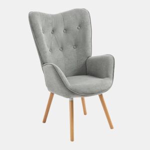 Poltrona Relax Estofada Cinza com Pés de Madeira Natural, Design Escandinavo com Encosto Alto e Assento Acolchoado, Perfeita para Sala de Estar, Quarto ou Cantinho de Leitura Sofisticado