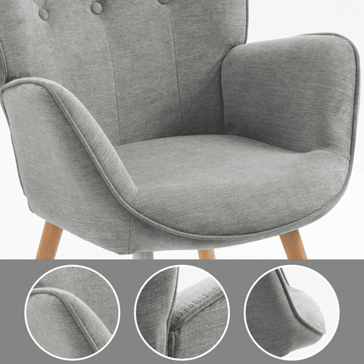 Poltrona Relax Estofada Cinza com Pés de Madeira Natural, Design Escandinavo com Encosto Alto e Assento Acolchoado, Perfeita para Sala de Estar, Quarto ou Cantinho de Leitura Sofisticado