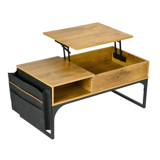 Mesa De Centro Elevatória Em Madeira Carvalho Com Pés Metálicos Pretos, Design Industrial Moderno Com Compartimentos De Armazenamento E Tampa Oculta, Ideal Para Sala De Estar E Jantar