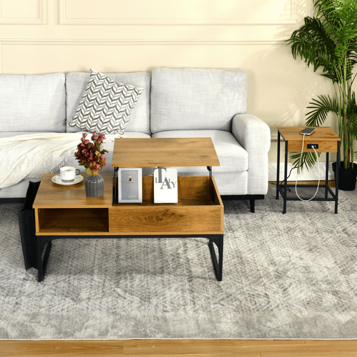 Mesa De Centro Elevatória Em Madeira Carvalho Com Pés Metálicos Pretos, Design Industrial Moderno Com Compartimentos De Armazenamento E Tampa Oculta, Ideal Para Sala De Estar E Jantar