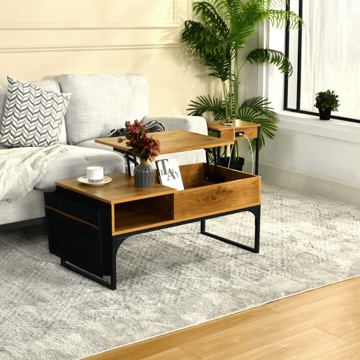Mesa De Centro Elevatória Em Madeira Carvalho Com Pés Metálicos Pretos, Design Industrial Moderno Com Compartimentos De Armazenamento E Tampa Oculta, Ideal Para Sala De Estar E Jantar