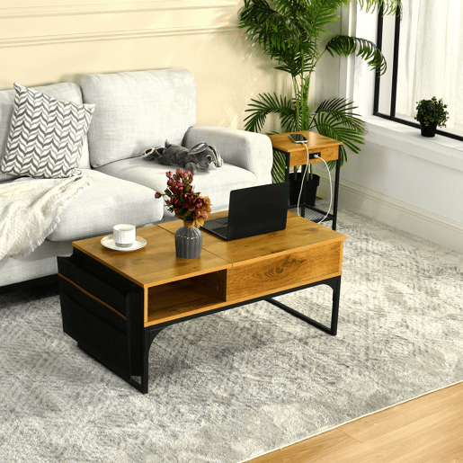 Mesa De Centro Elevatória Em Madeira Carvalho Com Pés Metálicos Pretos, Design Industrial Moderno Com Compartimentos De Armazenamento E Tampa Oculta, Ideal Para Sala De Estar E Jantar