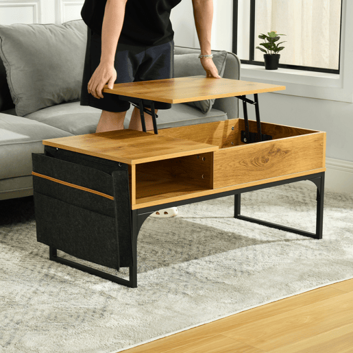 Mesa De Centro Elevatória Em Madeira Carvalho Com Pés Metálicos Pretos, Design Industrial Moderno Com Compartimentos De Armazenamento E Tampa Oculta, Ideal Para Sala De Estar E Jantar