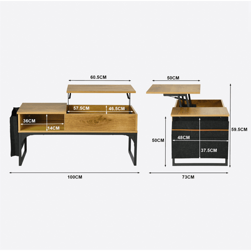 Mesa De Centro Elevatória Em Madeira Carvalho Com Pés Metálicos Pretos, Design Industrial Moderno Com Compartimentos De Armazenamento E Tampa Oculta, Ideal Para Sala De Estar E Jantar