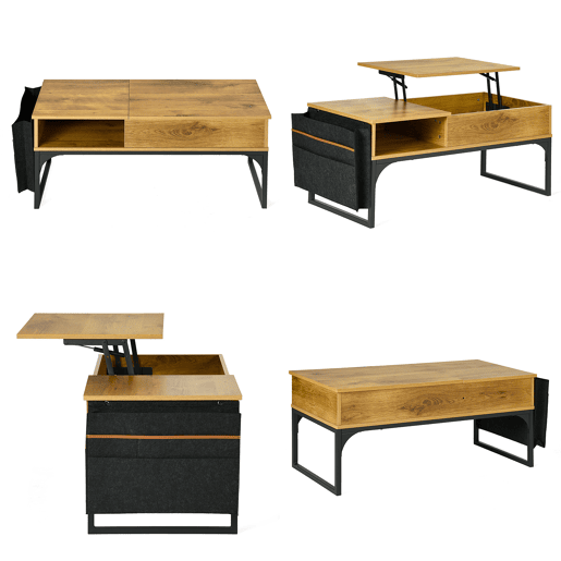Mesa De Centro Elevatória Em Madeira Carvalho Com Pés Metálicos Pretos, Design Industrial Moderno Com Compartimentos De Armazenamento E Tampa Oculta, Ideal Para Sala De Estar E Jantar