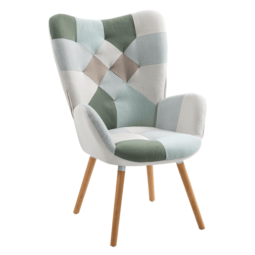 Poltrona Patchwork De Estilo Moderno Com Encosto Alto E Assento Estofado, Revestida Em Tecido Multicolorido De Design Exclusivo, Pés De Madeira Resistentes, Perfeita Para Sala, Quarto Ou Cantinho De Leitura Com Toque Criativo E Sofisticado