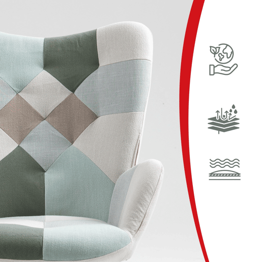 Poltrona Patchwork De Estilo Moderno Com Encosto Alto E Assento Estofado, Revestida Em Tecido Multicolorido De Design Exclusivo, Pés De Madeira Resistentes, Perfeita Para Sala, Quarto Ou Cantinho De Leitura Com Toque Criativo E Sofisticado