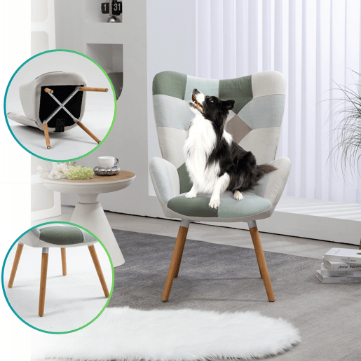 Poltrona Patchwork De Estilo Moderno Com Encosto Alto E Assento Estofado, Revestida Em Tecido Multicolorido De Design Exclusivo, Pés De Madeira Resistentes, Perfeita Para Sala, Quarto Ou Cantinho De Leitura Com Toque Criativo E Sofisticado
