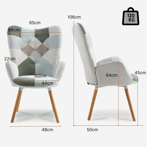Poltrona Patchwork De Estilo Moderno Com Encosto Alto E Assento Estofado, Revestida Em Tecido Multicolorido De Design Exclusivo, Pés De Madeira Resistentes, Perfeita Para Sala, Quarto Ou Cantinho De Leitura Com Toque Criativo E Sofisticado