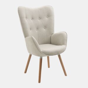 Poltrona Relax Estofada Bege com Pés de Madeira Natural, Design Escandinavo com Encosto Alto e Assento Acolchoado, Ideal para Sala de Estar, Quarto ou Espaço de Leitura