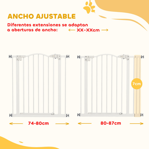 PawHut Barreira de Segurança Extensível para Cães 74-87 cm, para Portas e Escadas, com Extensão de 7 cm, Montagem por Pressão e Duplo Fecho, Branco