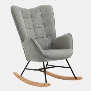 Poltrona De Balanço De Estilo Moderno Com Encosto Alto E Assento Estofado, Revestida Em Tecido Cinza Macio E Respirável, Base De Madeira Curva Com Estrutura Metálica, Design Ergonômico E Confortável Para Sala, Quarto Ou Espaço De Leitura