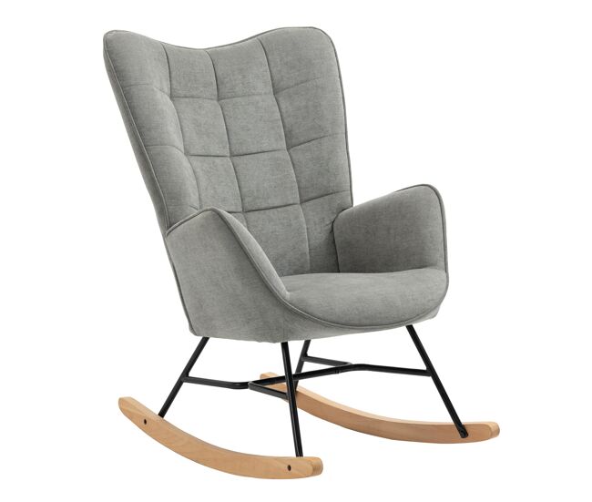 Sillón mecedora de estilo moderno con respaldo alto y asiento acolchado, tapizado en tela gris suave y transpirable, base de madera curva con