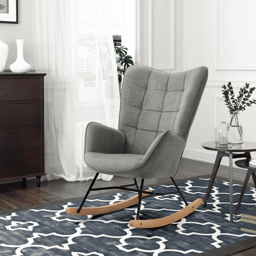 Poltrona De Balanço De Estilo Moderno Com Encosto Alto E Assento Estofado, Revestida Em Tecido Cinza Macio E Respirável, Base De Madeira Curva Com Estrutura Metálica, Design Ergonômico E Confortável Para Sala, Quarto Ou Espaço De Leitura