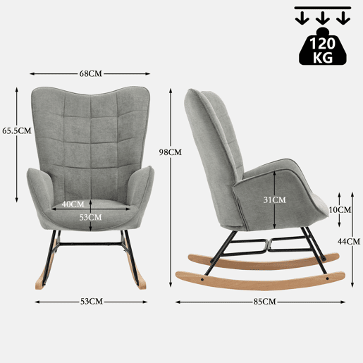 Poltrona De Balanço De Estilo Moderno Com Encosto Alto E Assento Estofado, Revestida Em Tecido Cinza Macio E Respirável, Base De Madeira Curva Com Estrutura Metálica, Design Ergonômico E Confortável Para Sala, Quarto Ou Espaço De Leitura