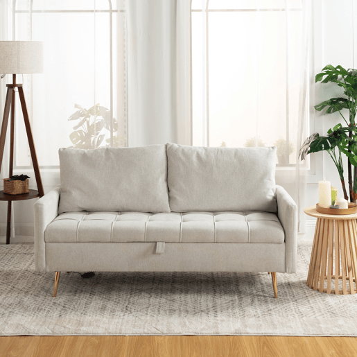 Sofá 2 Lugares Estofado Em Tecido Bege Com Encosto Acolchoado, Pés Metálicos Dourados, Design Moderno E Função De Armazenamento Com Porta USB Para Sala De Estar