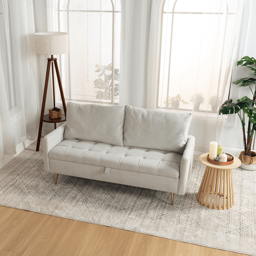 Sofá 2 Lugares Estofado Em Tecido Bege Com Encosto Acolchoado, Pés Metálicos Dourados, Design Moderno E Função De Armazenamento Com Porta USB Para Sala De Estar