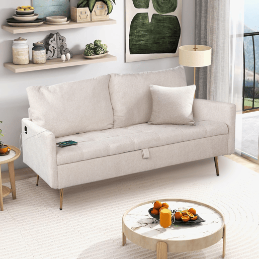 Sofá 2 Lugares Estofado Em Tecido Bege Com Encosto Acolchoado, Pés Metálicos Dourados, Design Moderno E Função De Armazenamento Com Porta USB Para Sala De Estar