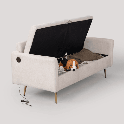 Sofá 2 Lugares Estofado Em Tecido Bege Com Encosto Acolchoado, Pés Metálicos Dourados, Design Moderno E Função De Armazenamento Com Porta USB Para Sala De Estar