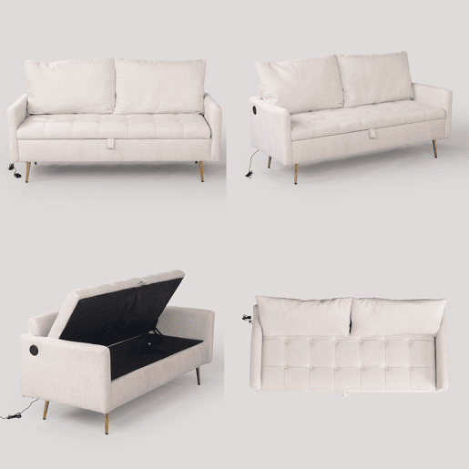 Sofá 2 Lugares Estofado Em Tecido Bege Com Encosto Acolchoado, Pés Metálicos Dourados, Design Moderno E Função De Armazenamento Com Porta USB Para Sala De Estar