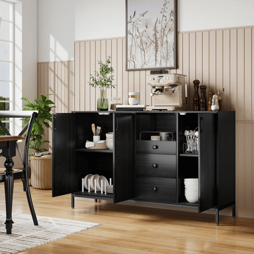 HOMCOM Aparador com 3 Portas e 3 Gavetas Prateleiras Ajustáveis para Cozinha Entrada Sala de Jantar Quarto 143,5x40x90 cm Preto