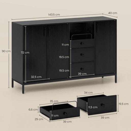 HOMCOM Aparador com 3 Portas e 3 Gavetas Prateleiras Ajustáveis para Cozinha Entrada Sala de Jantar Quarto 143,5x40x90 cm Preto