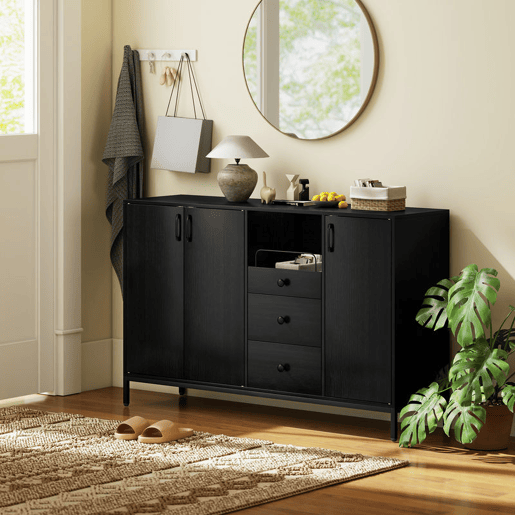 HOMCOM Aparador com 3 Portas e 3 Gavetas Prateleiras Ajustáveis para Cozinha Entrada Sala de Jantar Quarto 143,5x40x90 cm Preto